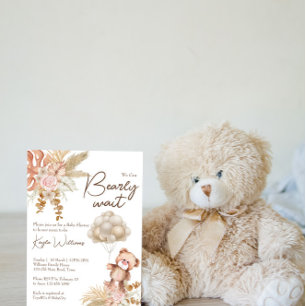 Pastel cream brown dried flowers boho teddy bear enclosure card