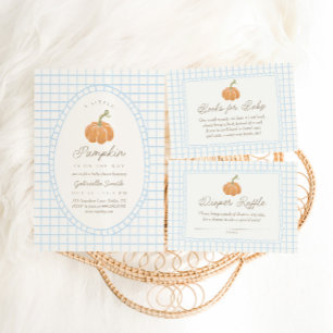 Little Pumpkin Blue Boys Baby Shower Invitation