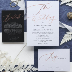 Simple Black White Rose Gold Calligraphy Wedding RSVP Card