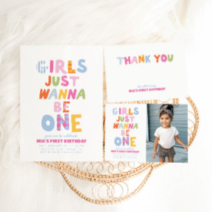 Retro Girls Just Wanna Be One Preppy 1st Birthday Invitation