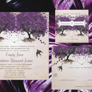 Violet Vintage Birds Oak Tree Scroll Wedding Invitation