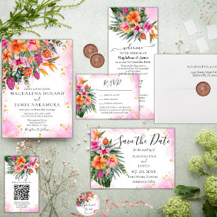 Pink and Orange Colourful Tropical Floral Wedding Table Number
