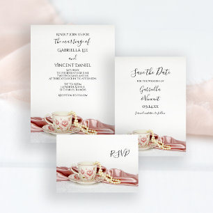 Floral Tea Cup with Pearls Wedding RSVP Reply Card