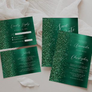 Emerald Green Brushed Metal Script Save the Date Announcement