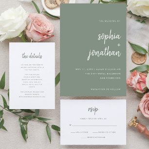 Modern Minimalist Script Sage Green   Wedding Invitation
