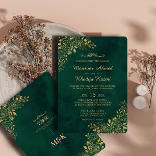  Royal Emerald Green Gold Frame Islamic Wedding Invitation