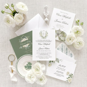 White Rose Watercolor Vineyard Wedding Invitation