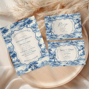 Blue Chinoiserie Porcelain Botanical Peony Wedding Save The Date