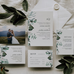 Beautiful White Floral and Greenery Wedding All In One Invitation