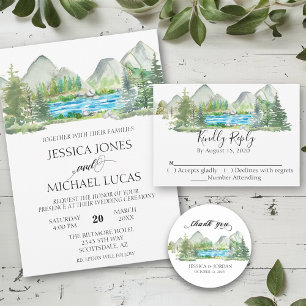 Mountain Forest River Watercolor Rustic Wedding Invitation