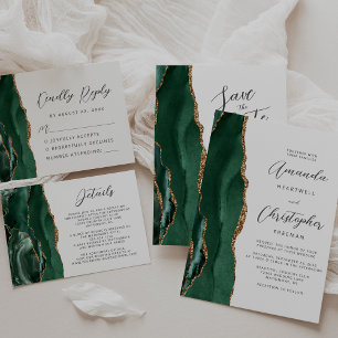 Agate Emerald Green Gold Modern Script Wedding RSVP Card