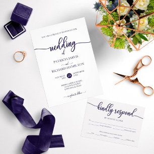 Elegant Navy Blue And White Script Wedding Invitation
