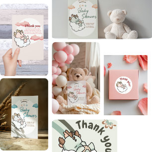 Pastel Pink Sleeping Cloud Baby Dragon Birthday Invitation