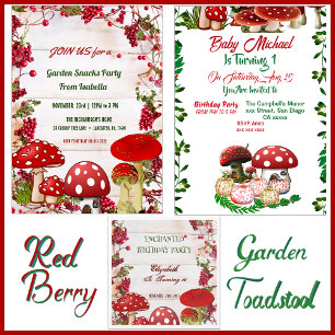 Red Toadstool Garden Fairy Kids Birthday Party Fun Invitation