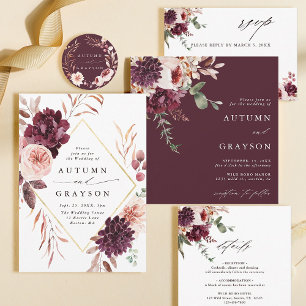 Autumn Romance Gold Frame Burgundy Wedding  Invitation