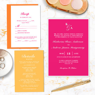 Modern Bright Hot Pink & White Monogram Wedding In Invitation
