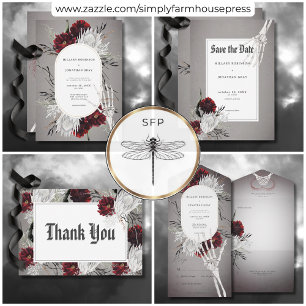 Love & Bones Spooky Red Floral Wedding Thank You Card