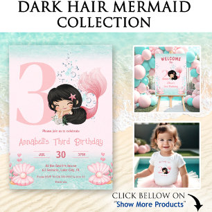 Mermaid with Dark Hair Pink Birthday Girl Banner
