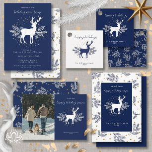 Navy Blue White Christmas Deer Evergreen Scandi Favour Tags