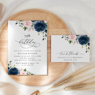Navy Blue Flowers, Pink Flowers, Boho, Birthday Invitation
