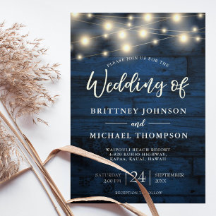 Rustic Navy Wood Floral String Lights Wedding Invitation