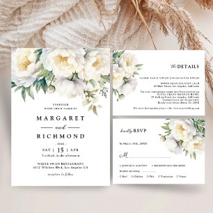 White Peony Elegant Floral Watercolor Wedding Invitation