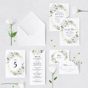 White floral and greenery wedding invitation