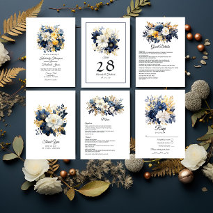 Navy, White and Gold Floral Wedding Invitation