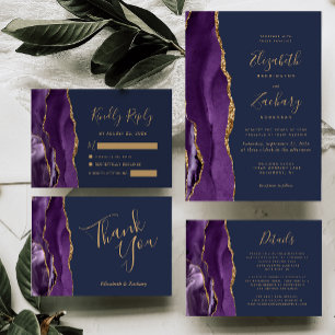 Modern Purple Gold Agate Navy Blue Wedding Invitation