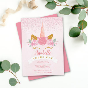 Whimsical Blush Pink Rainbow Unicorn Birthday Invitation