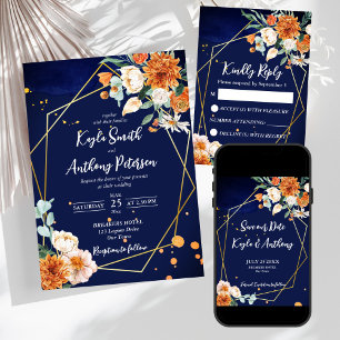 Navy blue orange white roses wedding details enclosure card