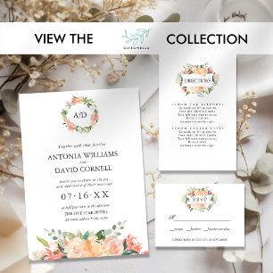 Summer Floral Peach  Botanical Monogram Wedding  I Invitation