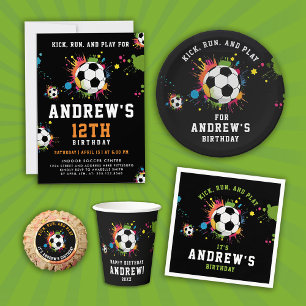 Modern Black Soccer Sport Ball Colourful Splatters Paper Cups