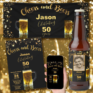 Cheers and Beers 50th Birthday Black + Gold Stars Napkin