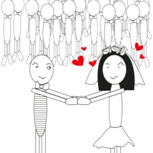 groom bride cartoon with red heart invitations