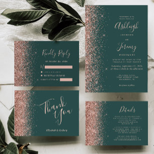 Modern Dark Green Rose Gold Faux Glitter Edge RSVP Card