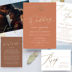 Terracotta Dusty Orange Elegant Boho Gold Wedding Invitation