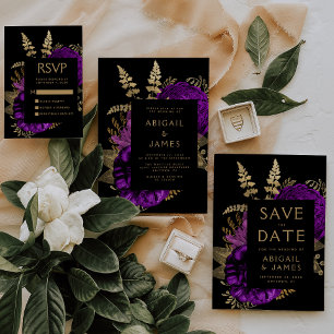 Dark Floral Purple Gold Wedding Save the Date Invitation
