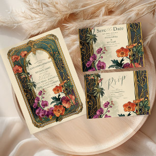 Vintage Ornamental Floral Art Nouveau Wedding All In One Invitation