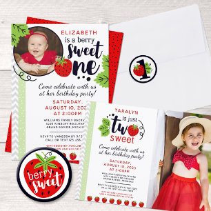 TWO Sweet Strawberry 2nd Second Birthday Party Invitation