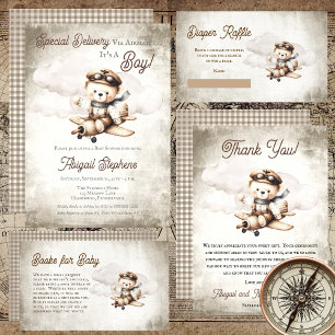 Aeroplane Teddy Bear Special Delivery Baby Shower Invitation