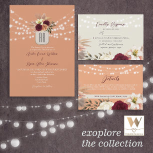 Watercolor Floral Burgundy and Peach Wedding All In One Invitation