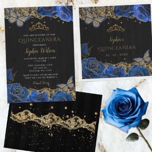 Vintage Blue Roses Black Gold Lace Quinceañera Classic Round Sticker