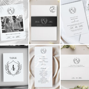 Fine-line classic Vintage Crest monogram wedding Invitation
