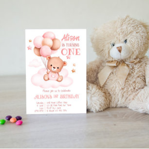 Pink and brown arch teddy bear with balloons party invitation