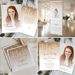 2025 Glam Gold Glitter Drip Photo Graduation Invitation