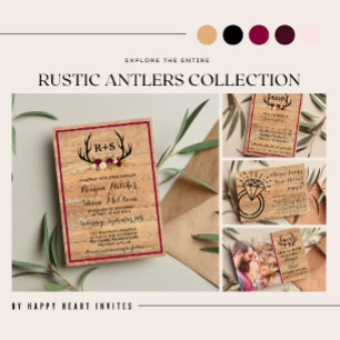 Rustic Antlers Floral Burgundy Wood Wedding Invitation