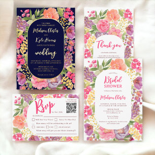 Bohemian bright floral arch script chic wedding thank you card