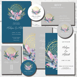 Gold Mandala Pink Crystal Boho Handfasting Wedding Invitation