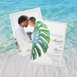 Tropical Beach Monstera Leaf Gold Elegant Wedding Invitation
